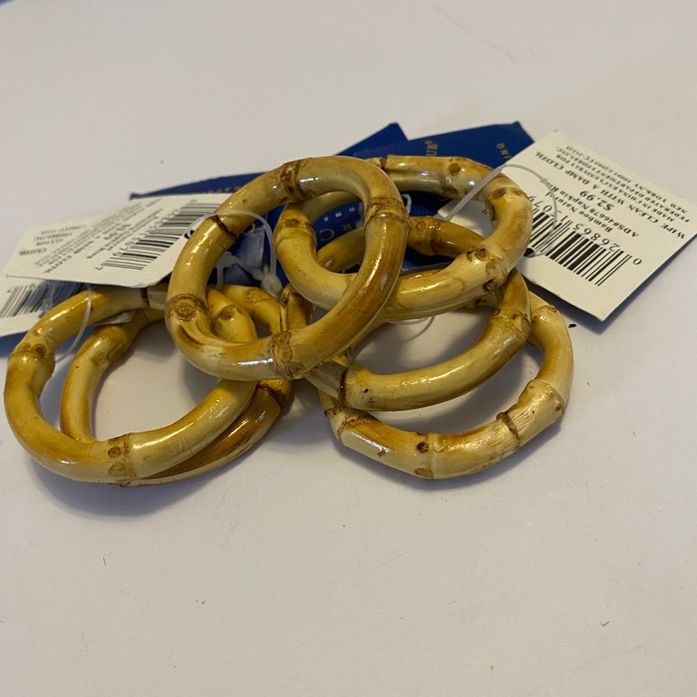 Vintage Bamboo Napkin Rings Holders MCM Light Natural Wood Color Set Of 6